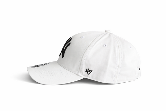 White cap with black logo on a white background
