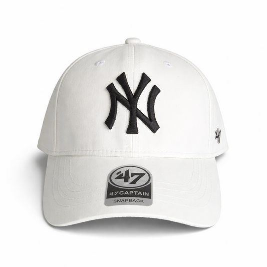 White baseball cap with black logo and '47' brand label on a white background