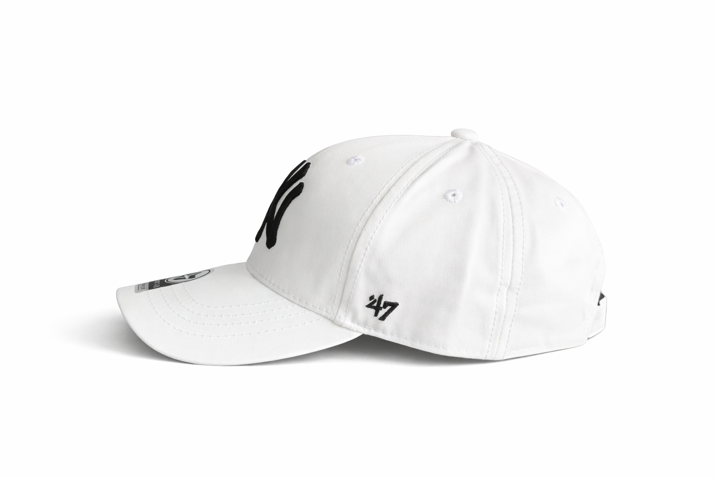 White cap with black logo on a white background